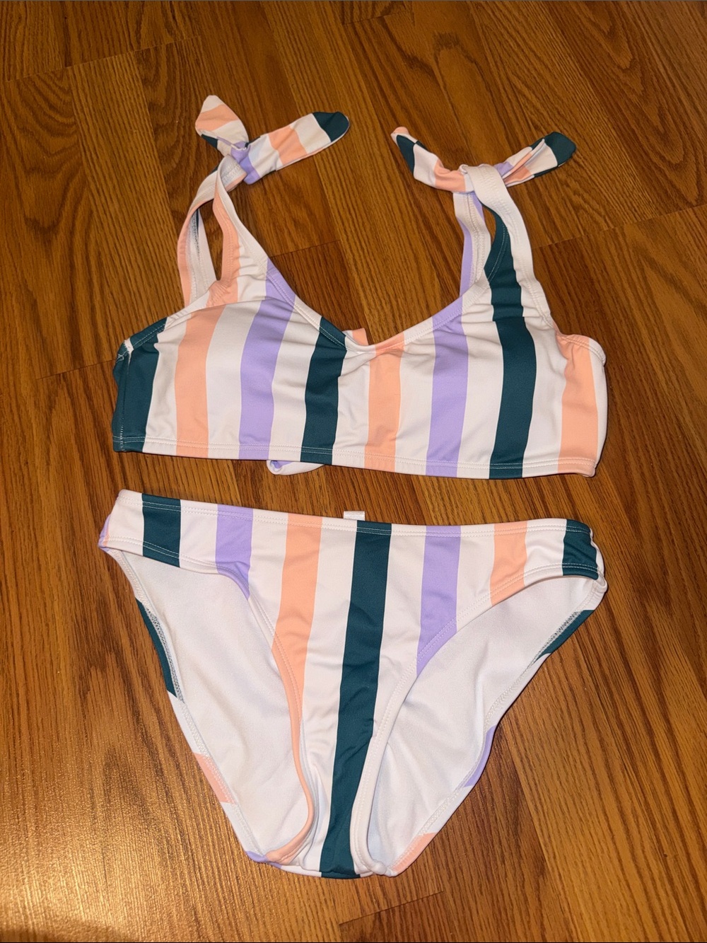 Striped Two-Piece Bikini Set in Peach, Lavender & Teal